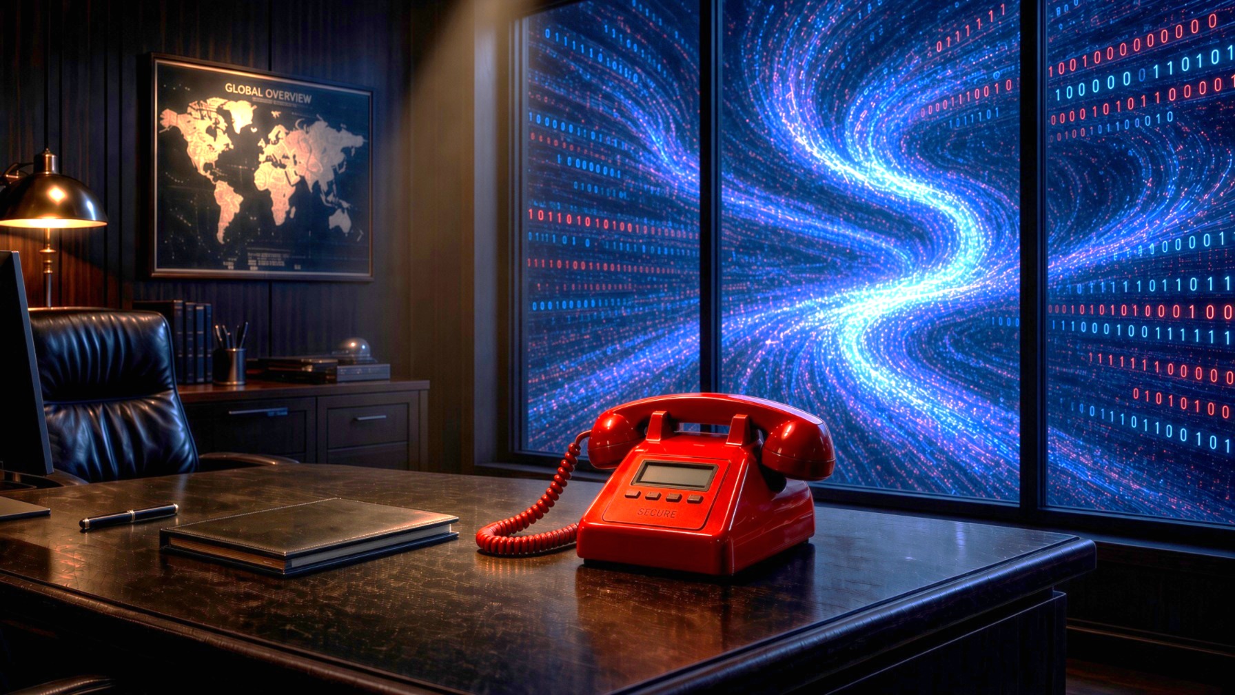 A private office desk with a secure red phone, notebook, and pen, looking out on a stream of encrypted data